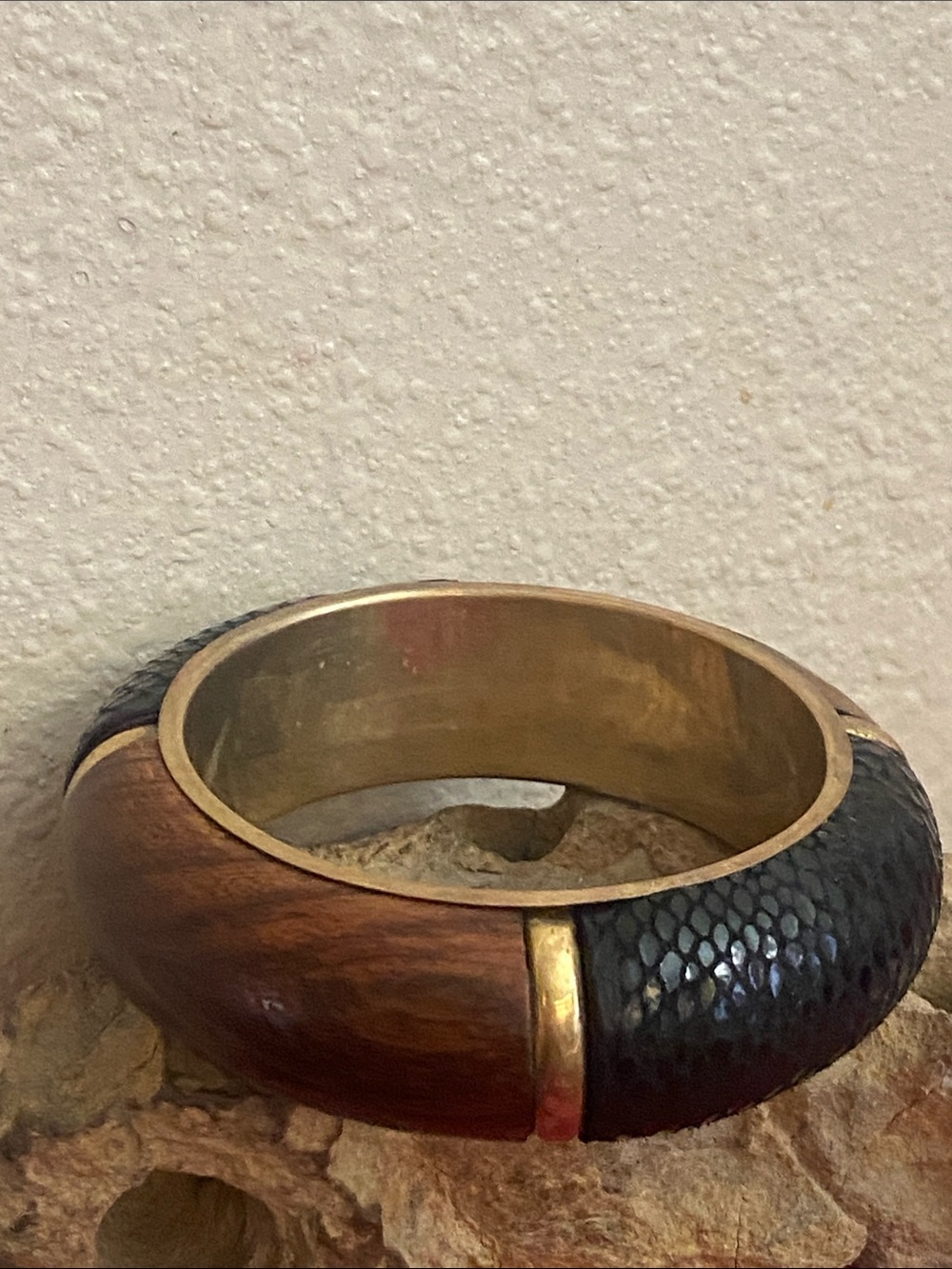 Vintage 70s Brass Wood & EEL Skin Bangle Bracelet RARE!